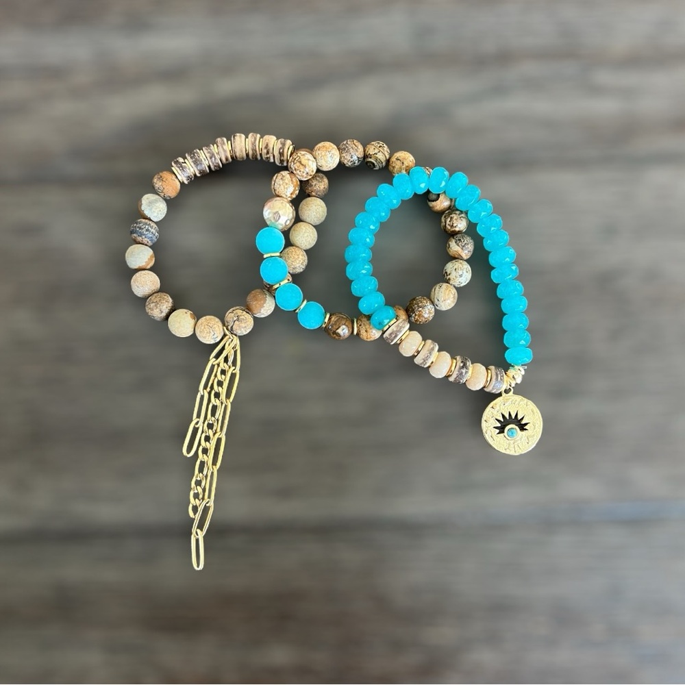 Teal and tan bracelet stack